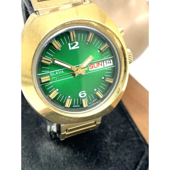 Slava Men's Watch Vintage USSR Automatic Green Dial Day Date Gold Steel 41mm - Picture 12 of 13
